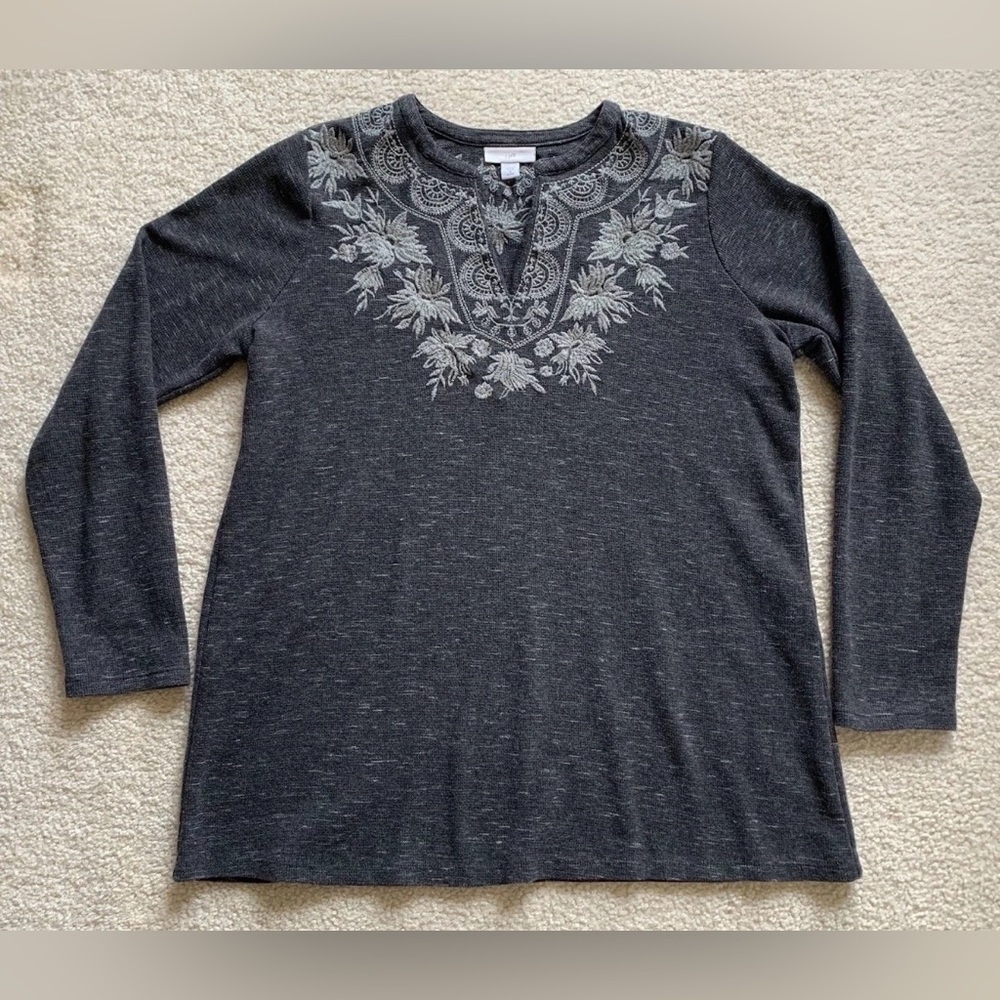 J Jill Embroidered Split Neck Thermal Top Womens S P Heather Gray Winter Cottage